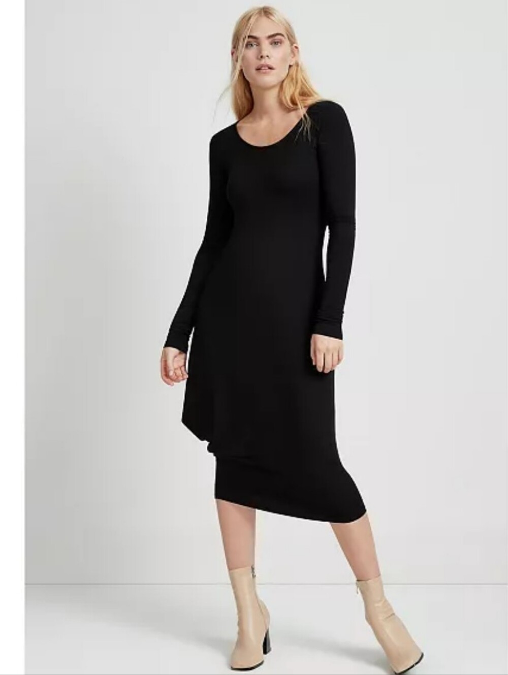 Marcella NYC Aventura Dress Stretch Tencel  Black LBD Long Sleeve Asymmetric L